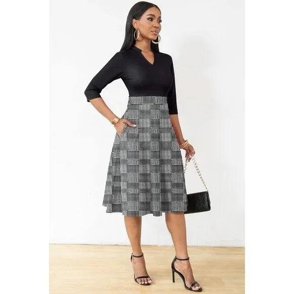 Women plaid 3/4 Sleeve Semi Formal Fit and Flare A-line Dress With Pockets